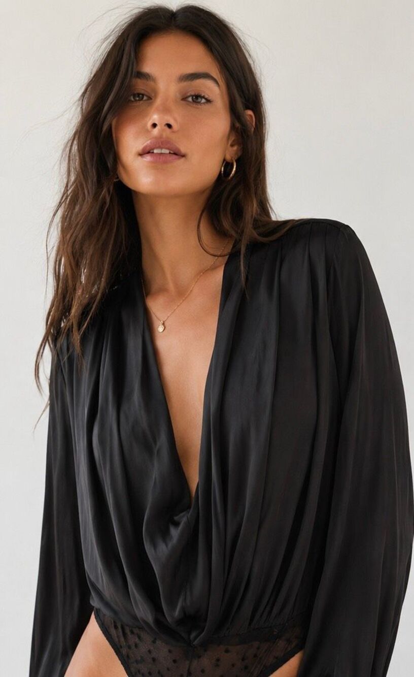 Intimately Free People SMALL Black Silky Draped Cowl Neck Bodysuit Long Sleeve